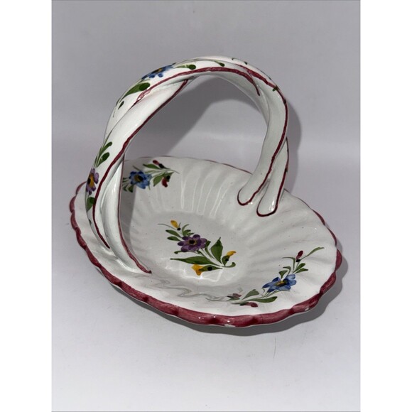 Hand Painted Portugal Pottery Basket with Braided Handle-Signed - Picture 2 of 7